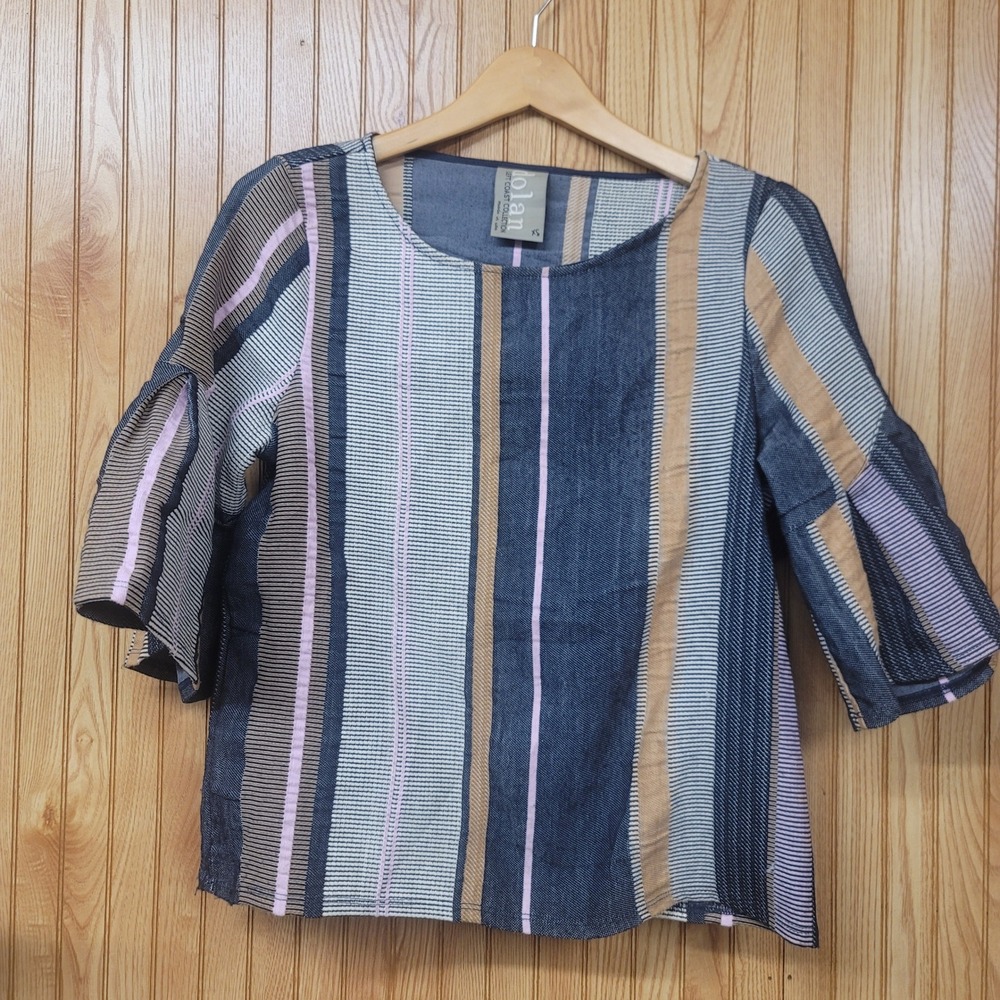 Dolan Anthropology-Style Striped Bell Sleeve Top Boho Textured Blue Pink Tan XS